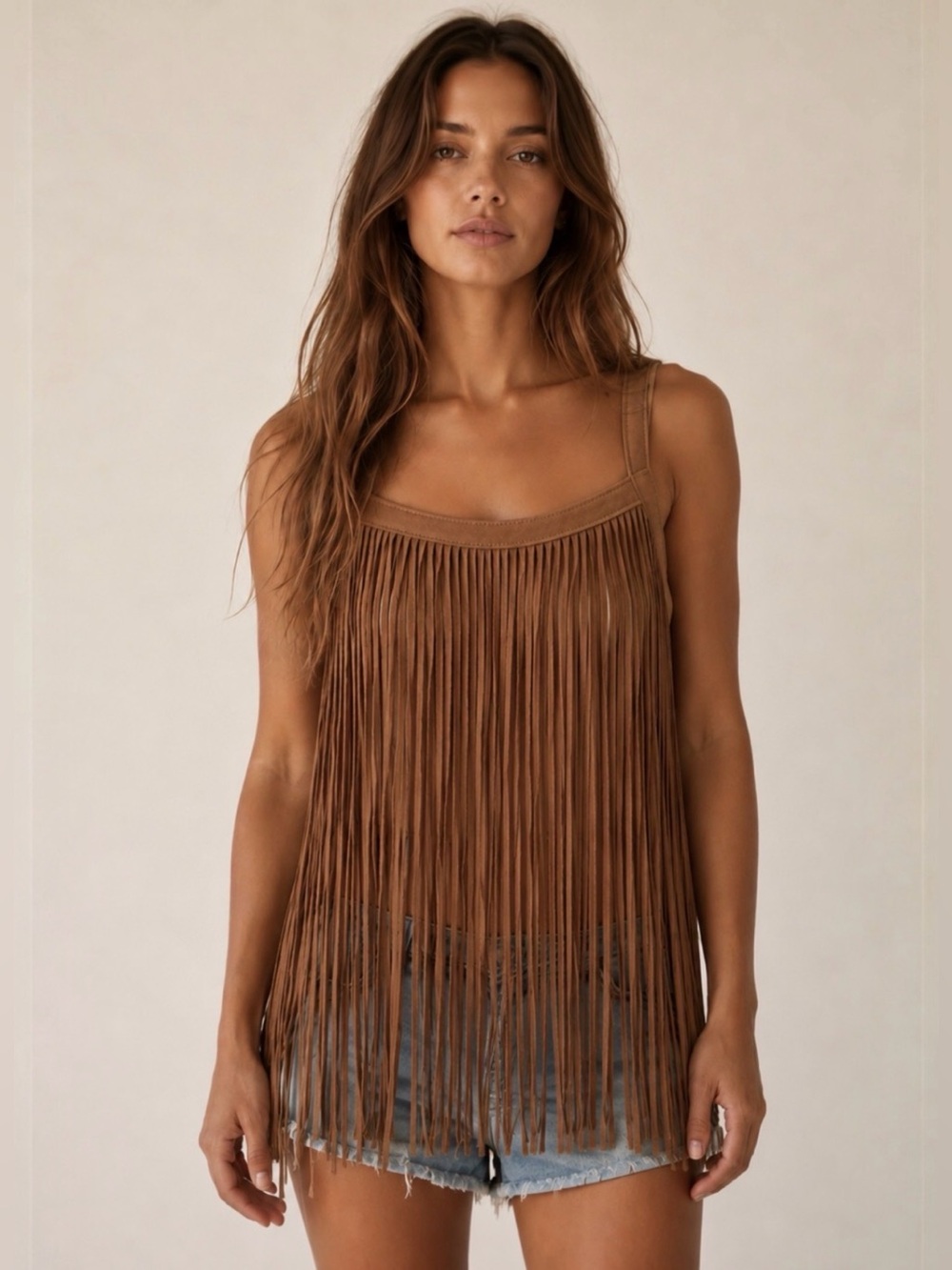 Katherine Barclay Brown Faux Suede Fringe Tank Top Boho Western Festival M